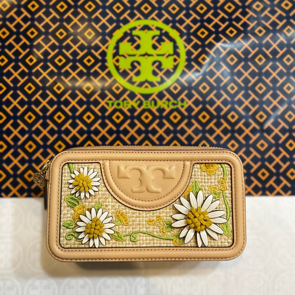NWT! Tory Burch Embroidered Straw Double-Zip Mini Bag